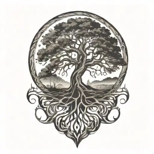 Tree Of Life With Roots Reaching Into Halk Feathers