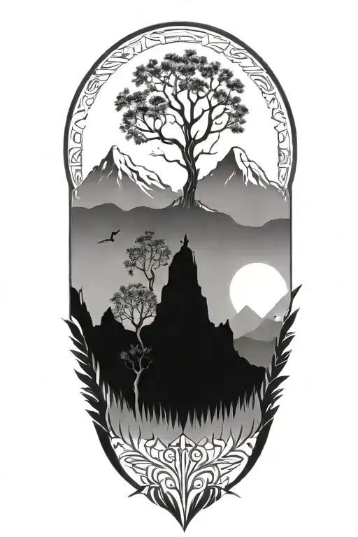 Small Tree Of Life With Mountains In The Background And Multiple Large Feathers Extending Below