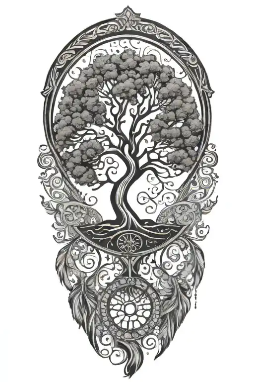 Tree Of Life In A Circle With Background Pattern And Feathers Hanging Down From Below