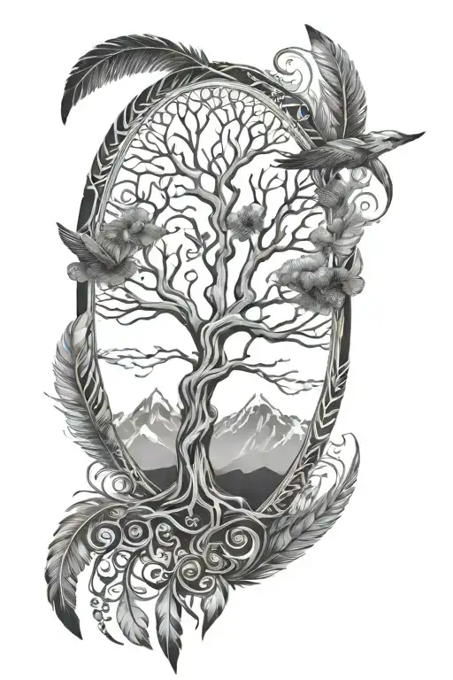 Small Tree Of Life With Mountains In The Background And Multiple Large Feathers Extending Below