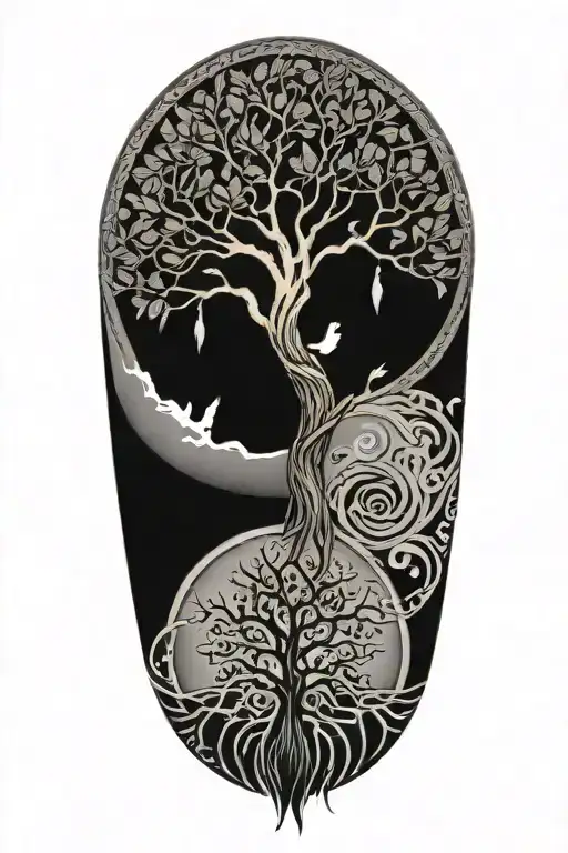 Tree Of Life In A Circle With Background Shading And Feathers Hanging Down From Below
