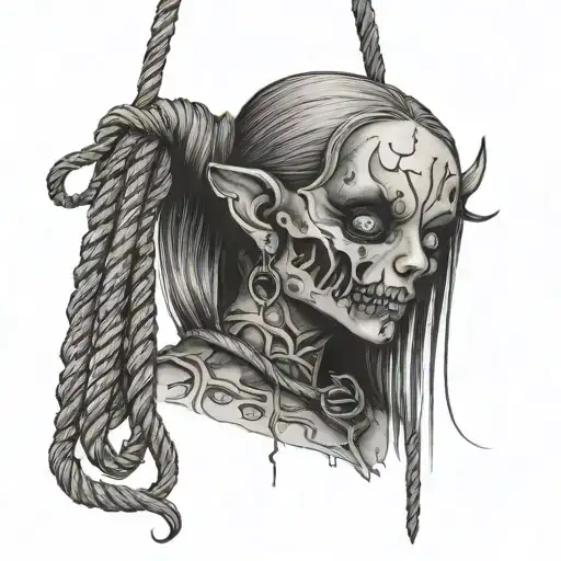 A Demon Doll Missing One Eye And Stitched Up Hanging By A Noose Around Her Neck