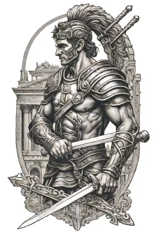 Roman Warrior Wielding A Sword Surrounded By Roman Architecture