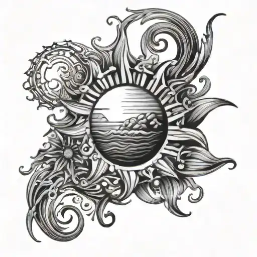 A Sun And Water Themed Half Sleeve Tattoo Featuring Your Kids' Names Incorporated Into The Design