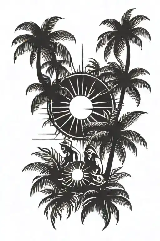 Sun With Family Posing And Palm Trees