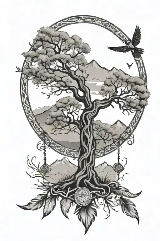 Tree Of Life With Mountains In The Background And Feathers Hanging Below