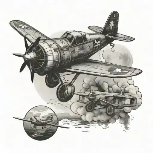 A Black And Grey Tattoo Of A Vintage Airplane Flying Over Iconic Movie Scenes