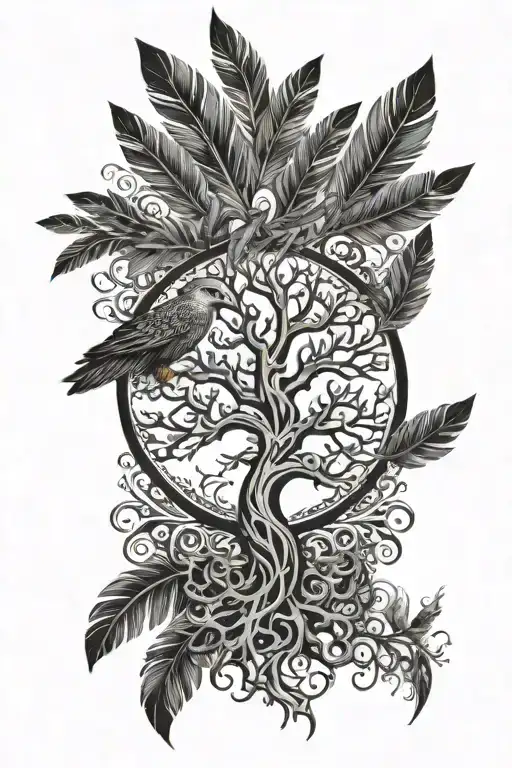 Tree Of Life Blending Into Hawk Feathers Below