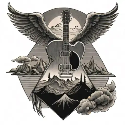 A Mystical Led Zeppelin Inspired Tattoo Featuring A Mountain Range And A Guitar Silhouette