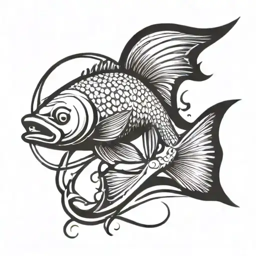 An Abstract Black And Grey Design Of A Fishing Hook With A Fish Silhouette
