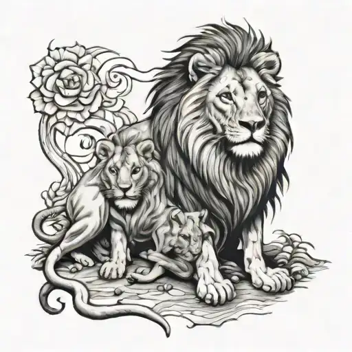 Very Old Lion With A Younger Lion And A Baby Lion