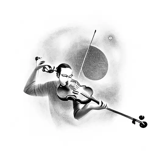 A Black-grey Tattoo Of A Mimo Playing The Violin With A Dreamy Night Sky Background