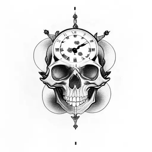 Clock Skull And Roses Half Sleeve Tattoo On Left Arm Of Male