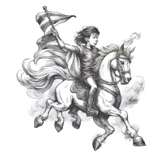 Child Holding A Flag And A Smoke Bomb On A Big Winged Horse