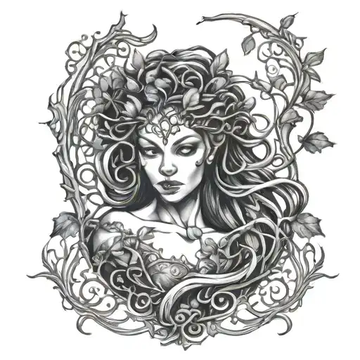 Wood Dryad With Filigree Vine Intertwined And Tree