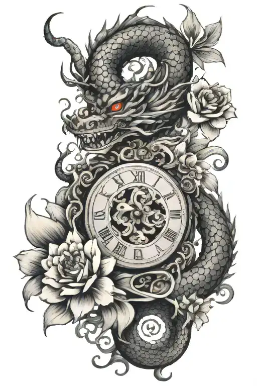 Chinese Dragon And Flowers With A Clock Face