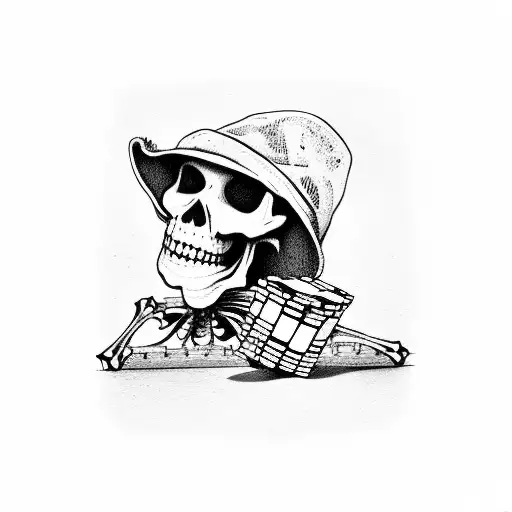 Skeleton Playing Poker Wearing A Tattered Beach Hat
