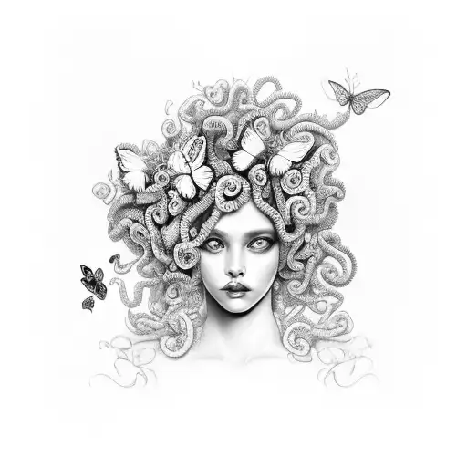 Medusa With Curly Hair And Butterflies And Flowers
