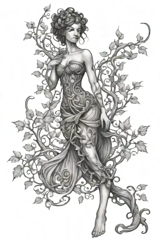 Full Body Female Wood Dryad With Filigree Vine Intertwined And Tree