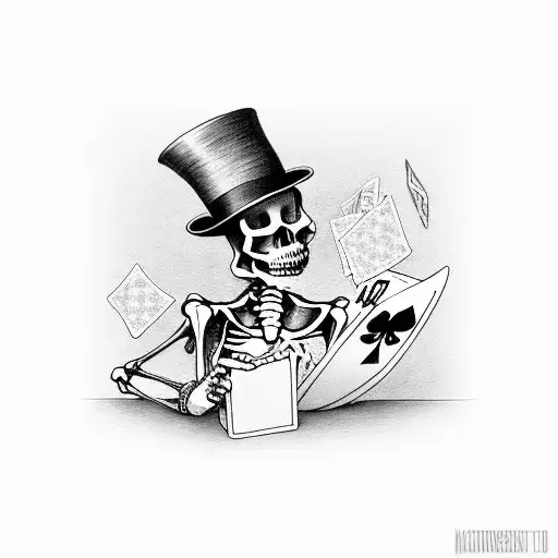 Skeleton Wearing Top Hat Playing Poker