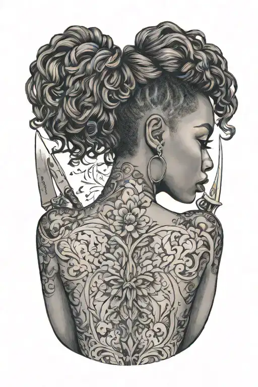 Black Woman With Low Cut Hair Back Facing With Knife