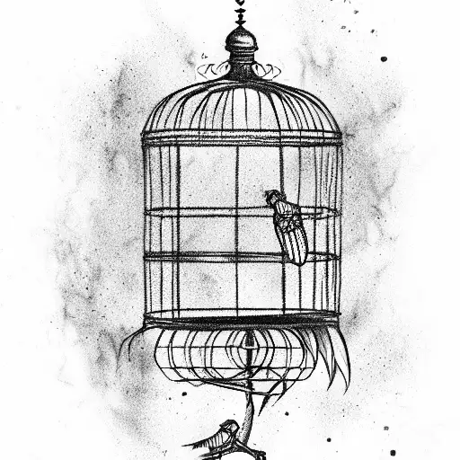 Open Birdcage With Feathers Flying Out And A Bird Skeleton Inside