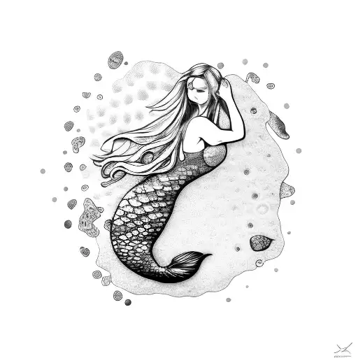 Mermaid Child Happy With Petoskey Stone Pattern On Tail On Black And White