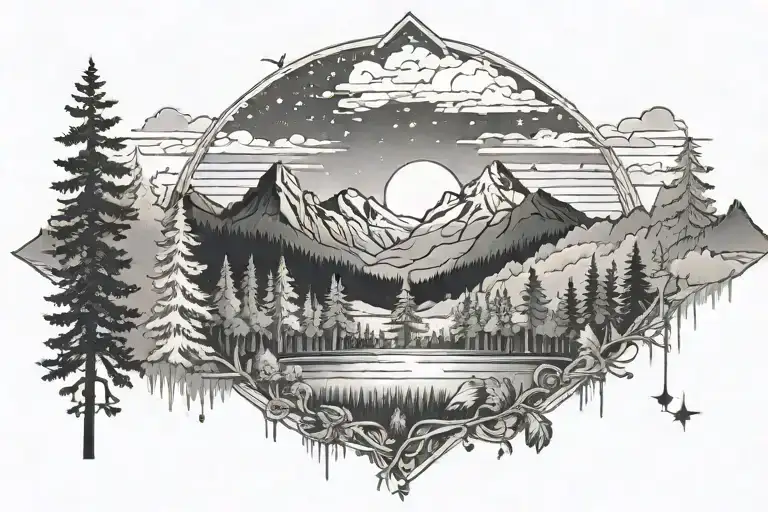 A Majestic Forest With Mountains In The Background And A Nightsky With Starts