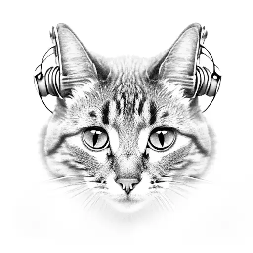 A Black And Grey Tattoo Of A Cat Wearing Headphones