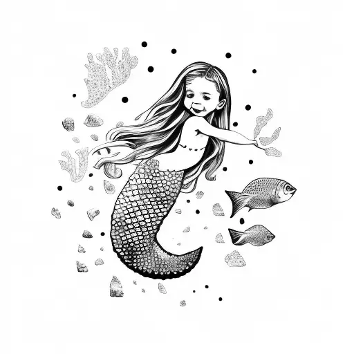 Mermaid Child Happy With Petoskey Stone Pattern On Tail On Black And White
