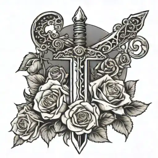 Cracked Excalibur Sword Laying On A Bed Of Roses With Background Shading
