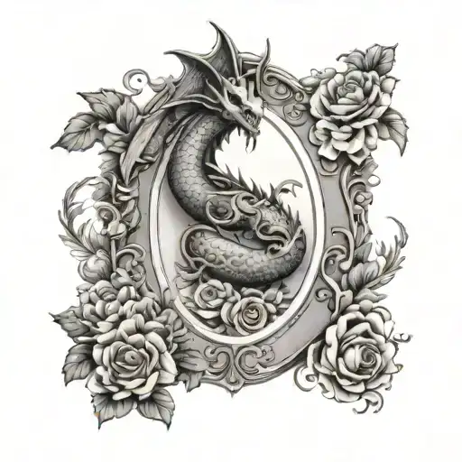 Victorian Oval Frame With A Dragon And Open Book Surrounded By Bold Floral