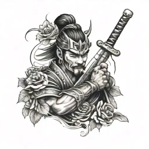 Create A Samurai Warrior Surrounded By Vines And Roses