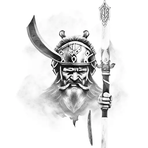 A Black-grey Tattoo Of A Viking Warrior Wielding A Sword In A Forest