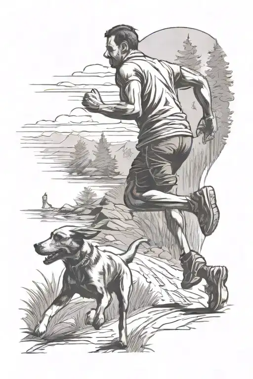 From Behind A Man Running On A Trail With A Dog Running On Each Side Of Him