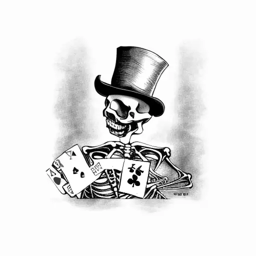 Skeleton Wearing Top Hat Playing Poker