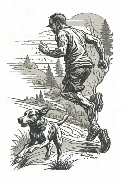 From Behind A Man Running On A Trail With A Dog Running On Each Side Of Him