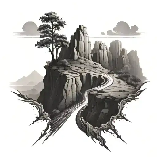 A Black And Grey Tattoo Of A Victorious Road Leading To A Rock Formation