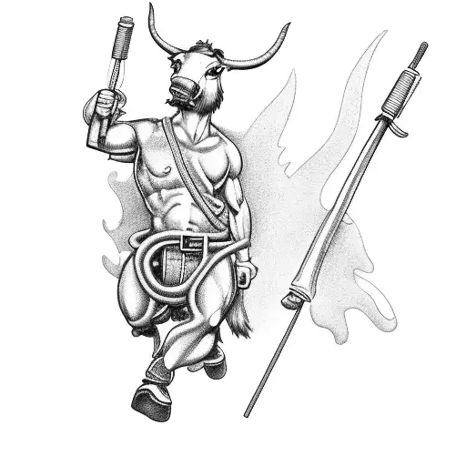 A Centaur Firefighter Holding A Fire Axe In One Hand And A Fire Extinguisher In The Other