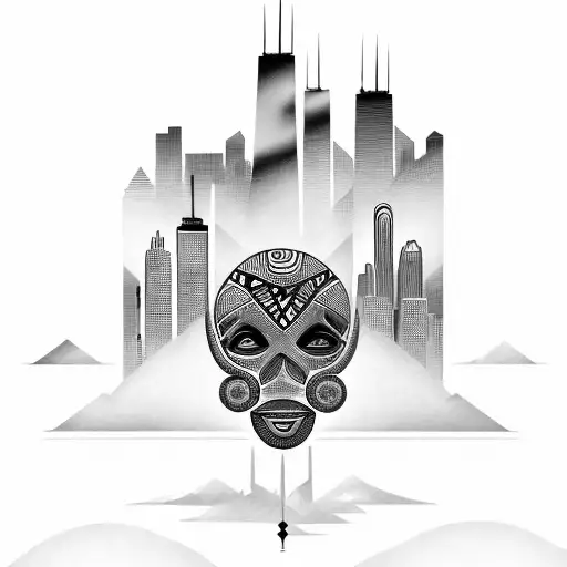 African Tribal Sunrise Integrated With The Chicago Skyline Technology And Binary Coding