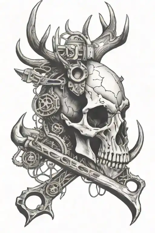 A Black-grey Tattoo Of A Deer Skull With Antlers Intertwined With Coal Mining Tools