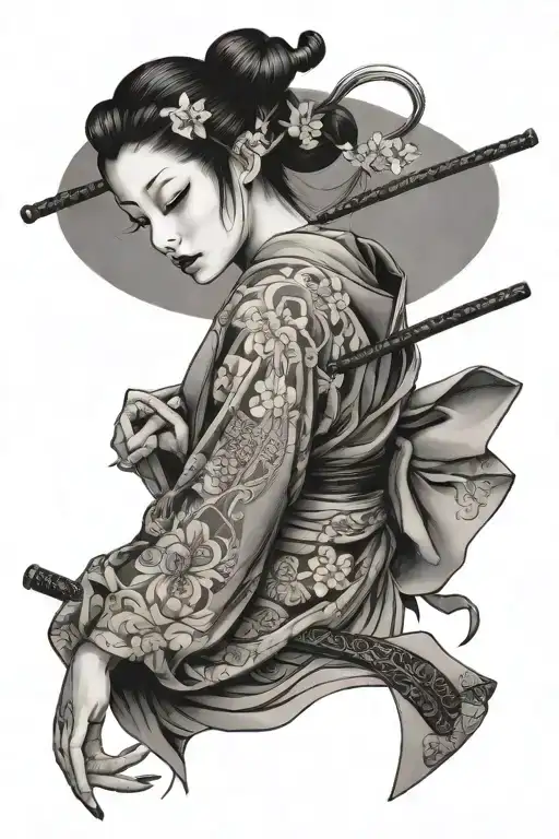Japanese Geisha With A Hidden Samurai Sword Tattooed On Her Back