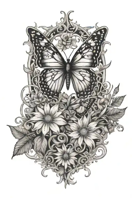 Vines Thorns Growing Up With A Butterfly's And Daisy Flowers