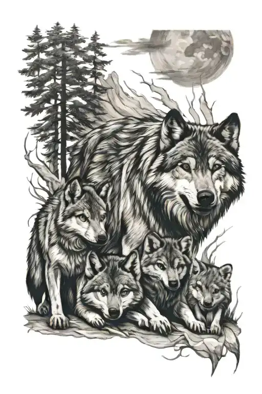 Wolf With Cubs Playing