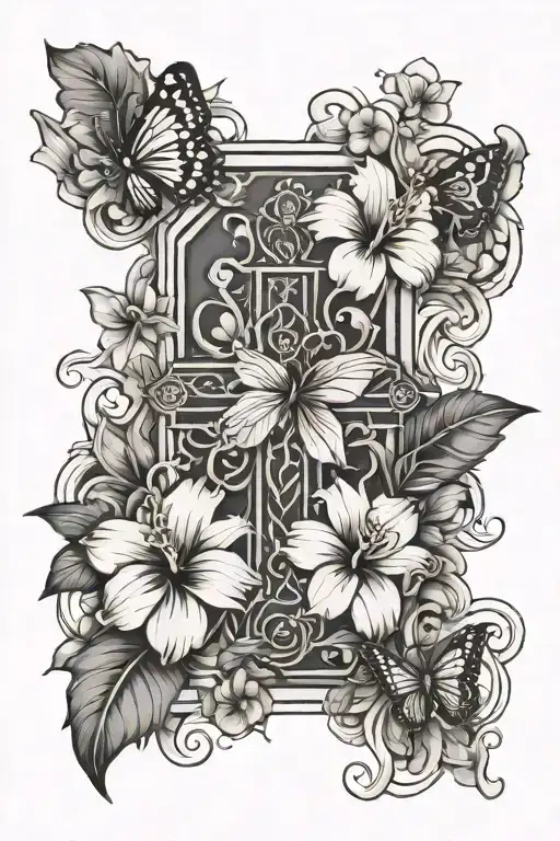 Line Cross Surrounded By Hibiscus Flowers And Butterflies With Lilies And Sparkles Mixed In