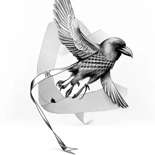 Crow Flying And Holding A Ribbon With Roman Numerals On It