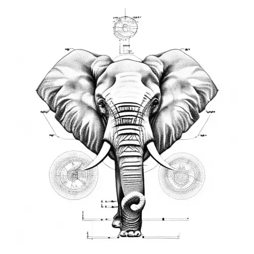 A Black-grey Tattoo Of An Engineer's Blueprint With An Elephant Incorporated Into The Design