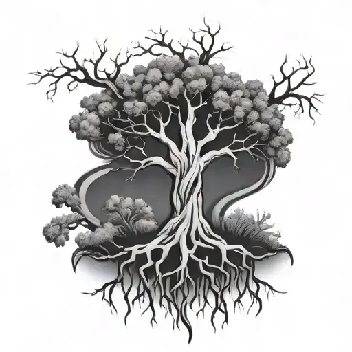 A Black-grey Design Of A Tree With Roots Shaped Like Crossed Axes