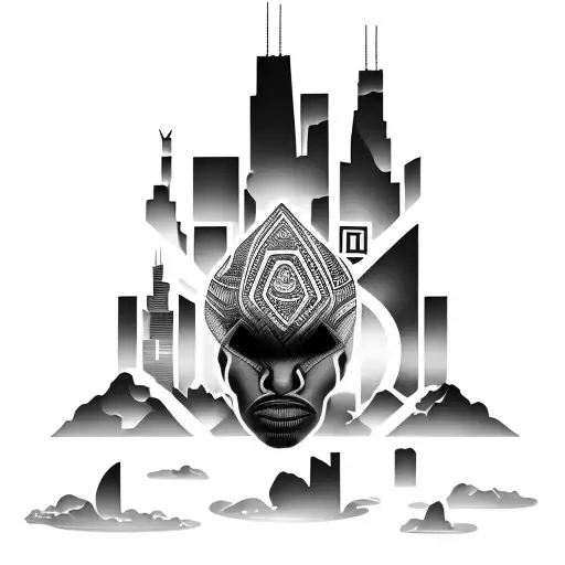 African Tribal Sunrise Integrated With The Chicago Skyline Technology And Binary Coding