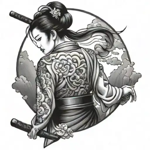Japanese Geisha With A Hidden Samurai Sword Tattooed On Her Back